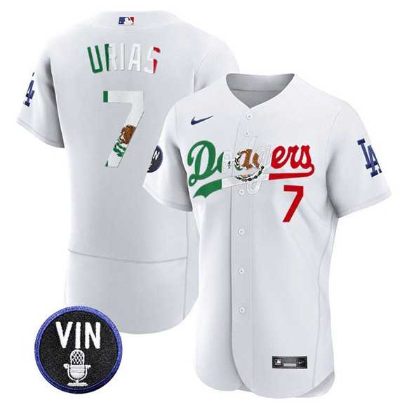 Men's Los Angeles Dodgers #7 Julio Urias White Mexico Special Vin Scully Patch Flex Base Stitched Jersey Dzhi