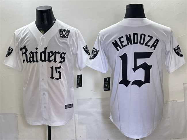 Men's Las Vegas Raiders #15 Fernando Mendoza White 'Gothic Sin City Shadows Edition' With 65th Anniversary Patch Vapor Limited Stitched Baseball Jersey