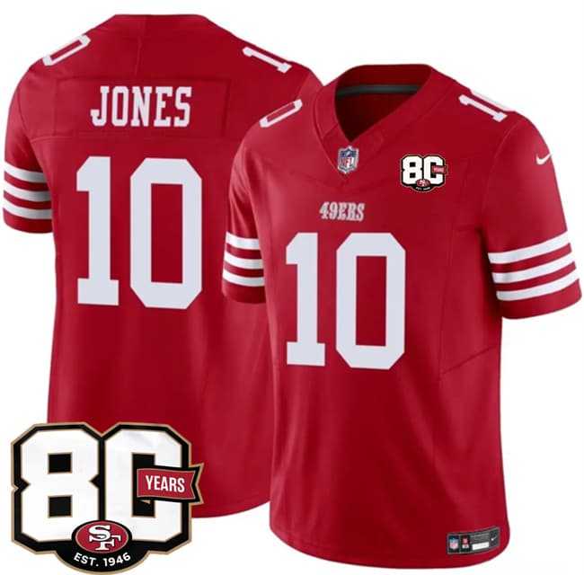 Men's San Francisco 49ers #10 Mac Jones Red 80th Anniversary Patch 2026 F.U.S.E. Vapor Untouchable Limited Stitched Jersey Dzhi