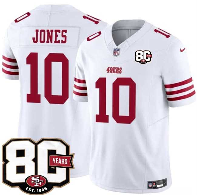 Men's San Francisco 49ers #10 Mac Jones White 80th Anniversary Patch 2026 F.U.S.E. Vapor Untouchable Limited Stitched Jersey Dzhi