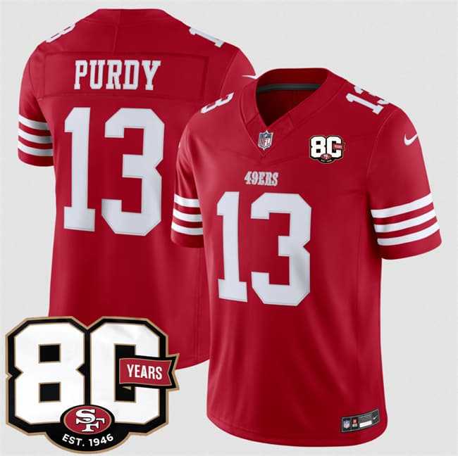Men's San Francisco 49ers #13 Brock Purdy Red 80th Anniversary Patch 2026 F.U.S.E. Vapor Untouchable Limited Stitched Jersey Dzhi