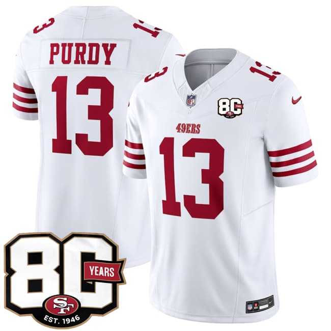 Men's San Francisco 49ers #13 Brock Purdy White 80th Anniversary Patch 2026 F.U.S.E. Vapor Untouchable Limited Stitched Jersey Dzhi