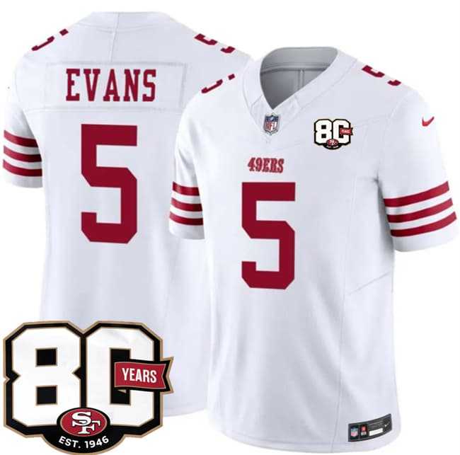 Men's San Francisco 49ers #5 Mike Evans White 80th Anniversary Patch 2026 F.U.S.E. Vapor Untouchable Limited Stitched Jersey Dzhi