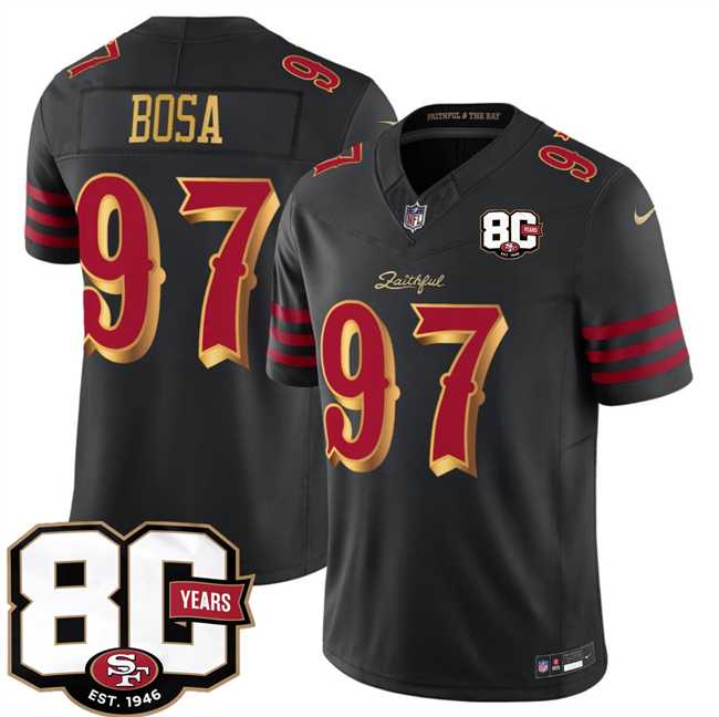 Men's San Francisco 49ers #97 Nick Bosa Black 80th Anniversary Patch Rivalries 2026 F.U.S.E. Vapor Untouchable Limited Stitched Jersey Dzhi