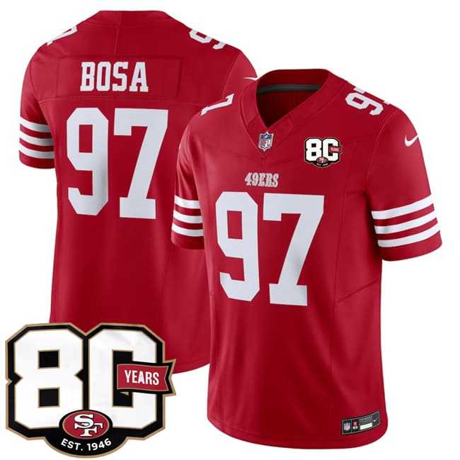 Men's San Francisco 49ers #97 Nick Bosa Red 80th Anniversary Patch 2026 F.U.S.E. Vapor Untouchable Limited Stitched Jersey Dzhi