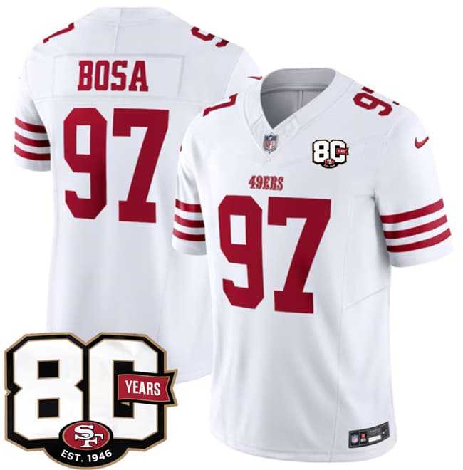 Men's San Francisco 49ers #97 Nick Bosa White 80th Anniversary Patch 2026 F.U.S.E. Vapor Untouchable Limited Stitched Jersey Dzhi